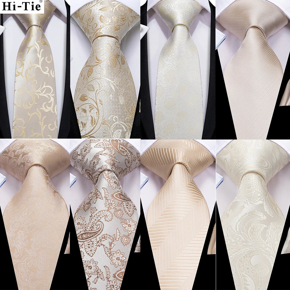 Hi-Tie Champagne Beige Floral Solid Design Silk Wedding Tie For Men