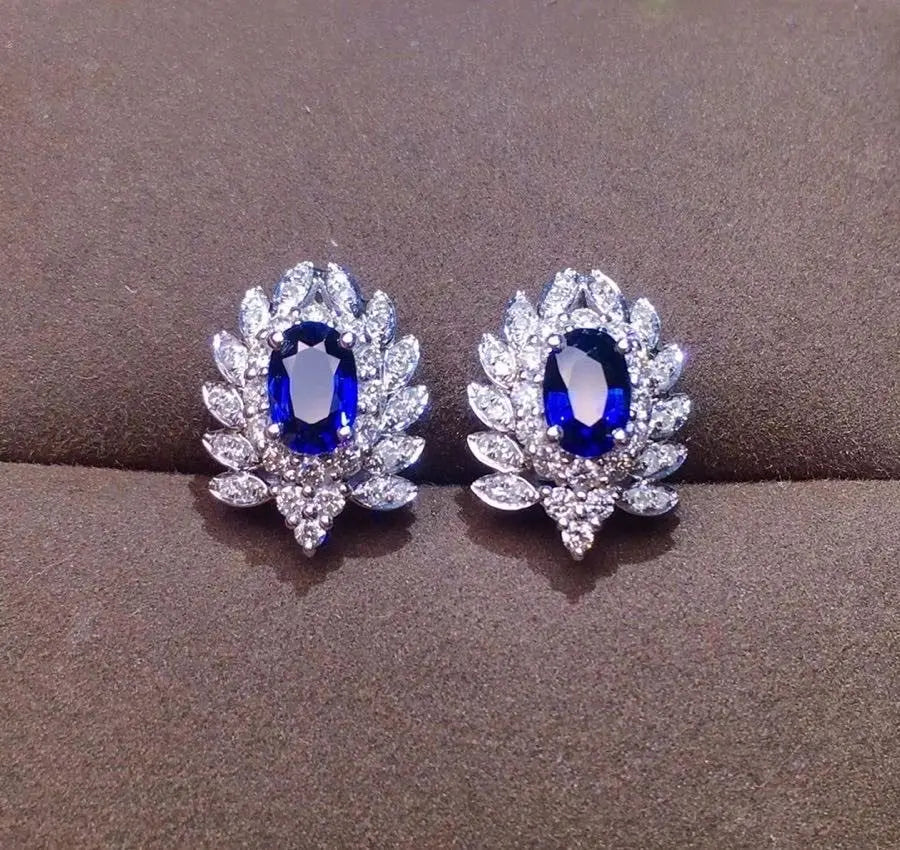 Y820 Sapphire Earrings Stud 18 K Gold Jewelry 100% Natural 1ct Royal