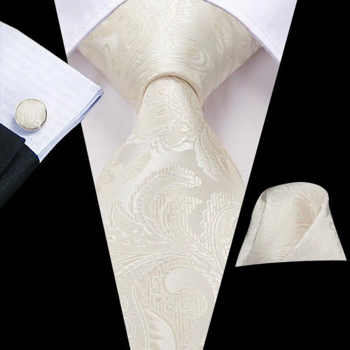 Hi-Tie Champagne Beige Floral Solid Design Silk Wedding Tie For Men