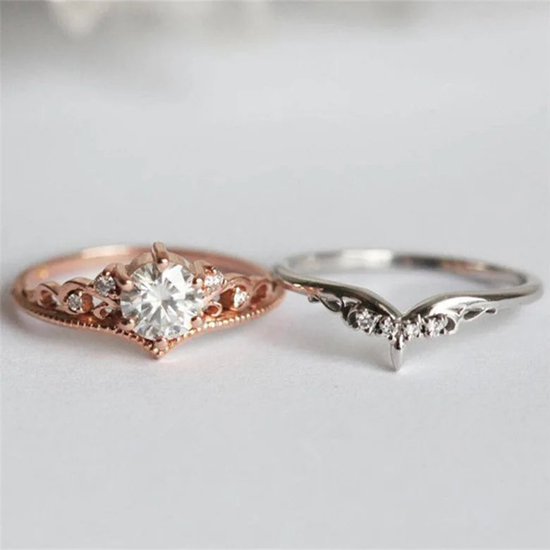 S925 Elegant Crown Bridal Sets Women Rings 2pc Wedding Engagement Ring