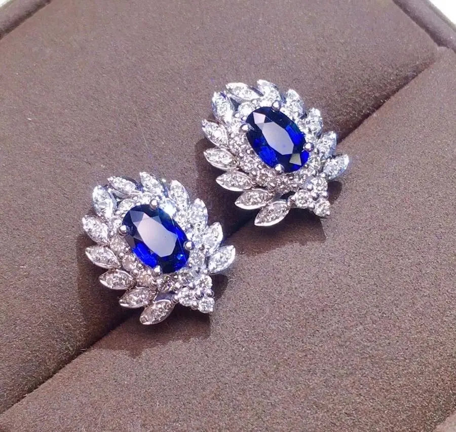 Y820 Sapphire Earrings Stud 18 K Gold Jewelry 100% Natural 1ct Royal