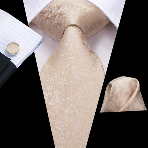 Hi-Tie Champagne Beige Floral Solid Design Silk Wedding Tie For Men