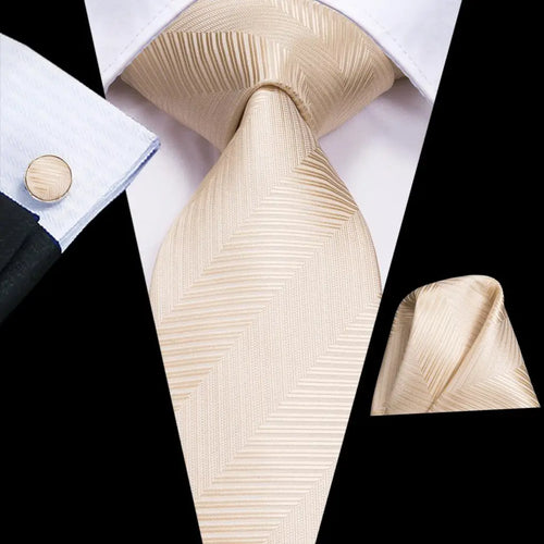 Hi-Tie Champagne Beige Floral Solid Design Silk Wedding Tie For Men