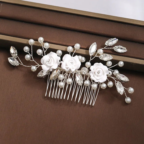 Trendy Tiara Wedding Hair Comb Flower Bridal Hairpins Pearl Rhinestone