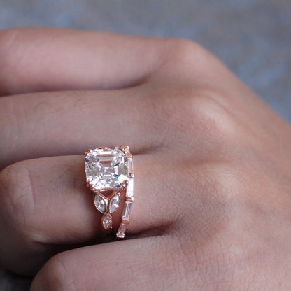 3.0CT 8X8mm Asscher Cut Moissanite Bridal Ring Set in Solid 14k Rose Gold