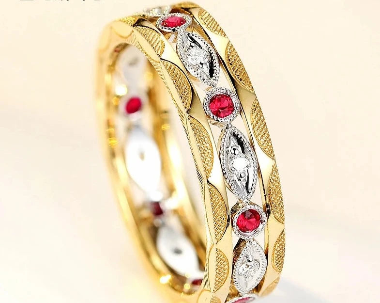 Solid 14K Yellow Gold Natural Ruby and Diamond Ring for Men and Women