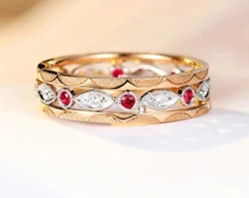 Solid 14K Yellow Gold Natural Ruby and Diamond Ring for Men and Women