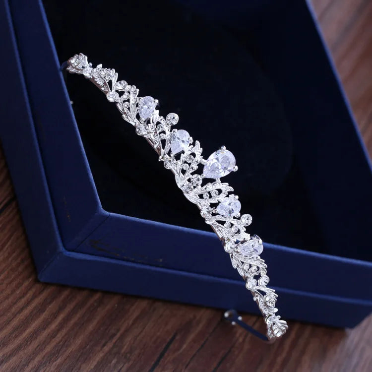 Silver-Colored Crystal Wedding Tiara with Zircon Bridal Headpiece