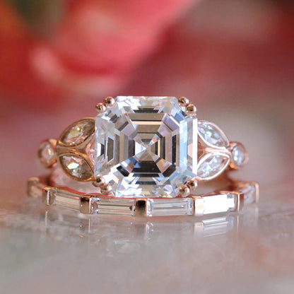 3.0CT 8X8mm Asscher Cut Moissanite Bridal Ring Set in Solid 14k Rose Gold