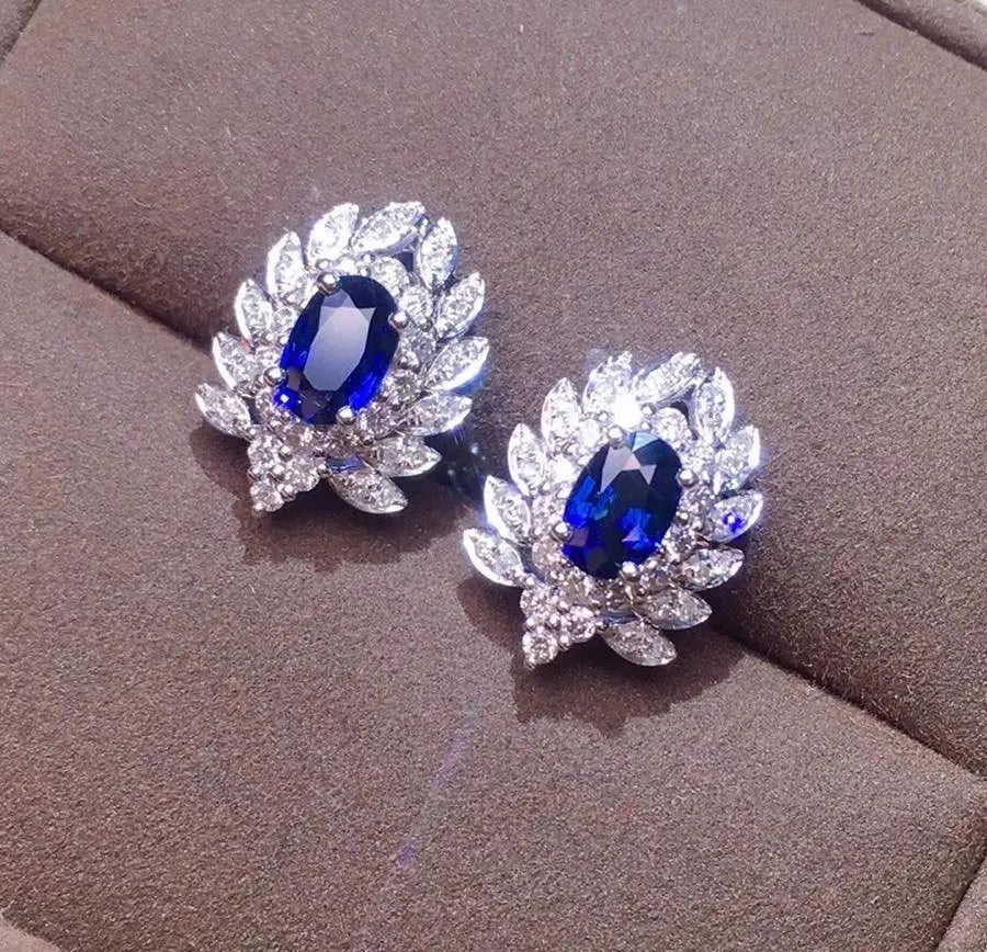 Y820 Sapphire Earrings Stud 18 K Gold Jewelry 100% Natural 1ct Royal