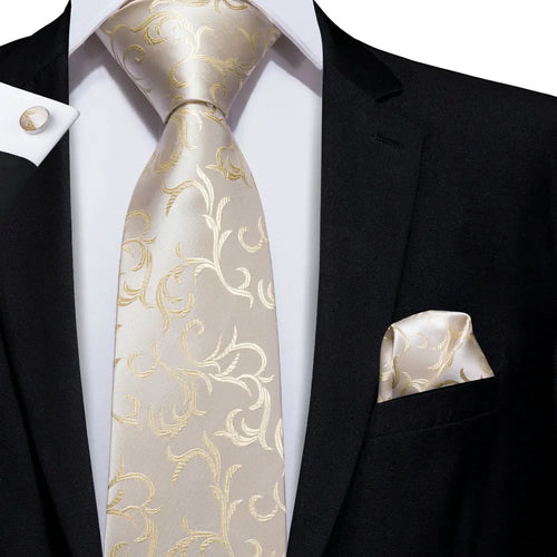 Hi-Tie Champagne Beige Floral Solid Design Silk Wedding Tie For Men