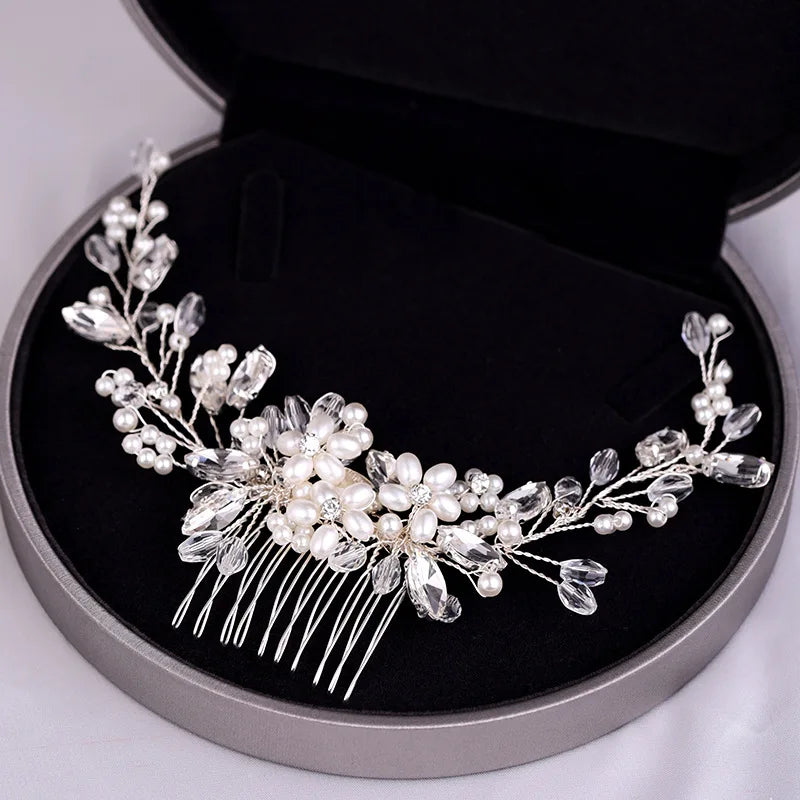 Trendy Tiara Wedding Hair Comb Flower Bridal Hairpins Pearl Rhinestone