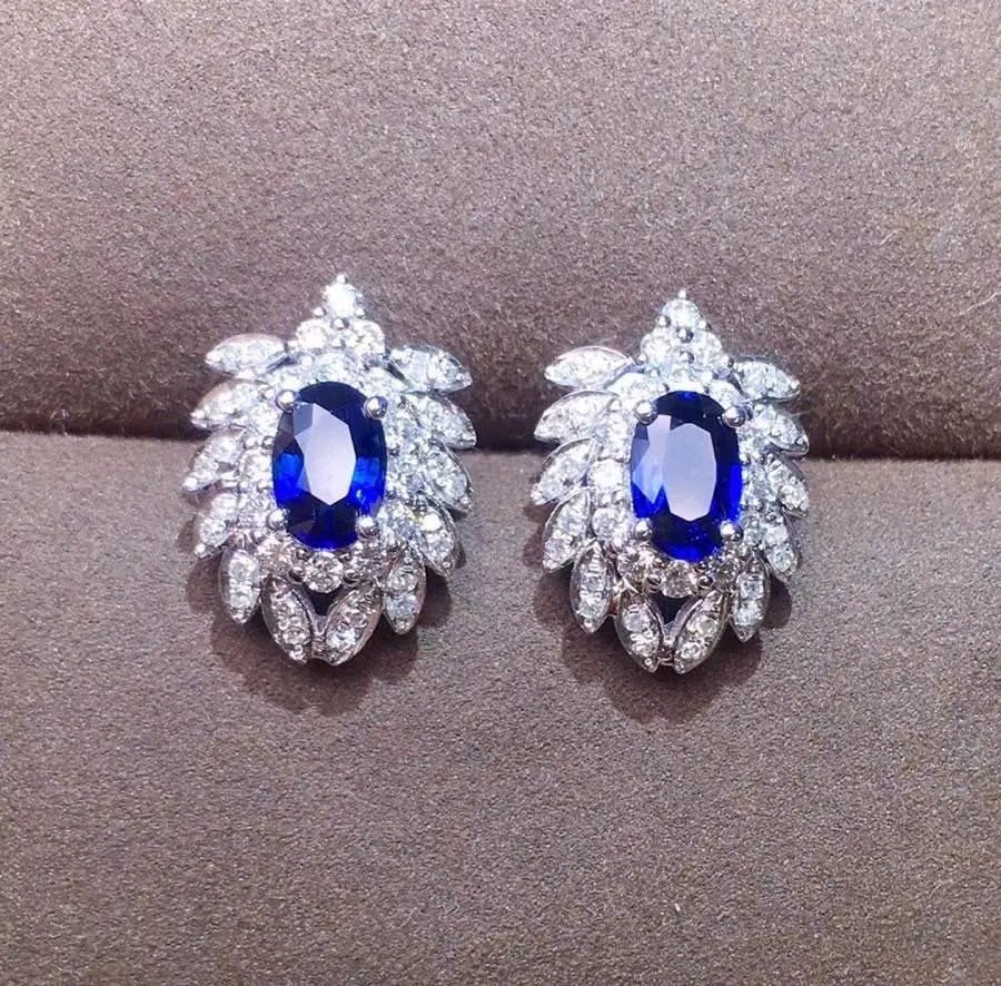 Y820 Sapphire Earrings Stud 18 K Gold Jewelry 100% Natural 1ct Royal