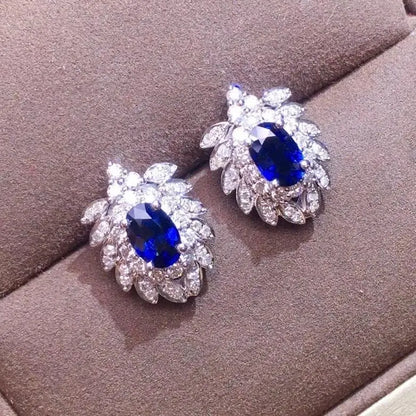 Y820 Sapphire Earrings Stud 18 K Gold Jewelry 100% Natural 1ct Royal