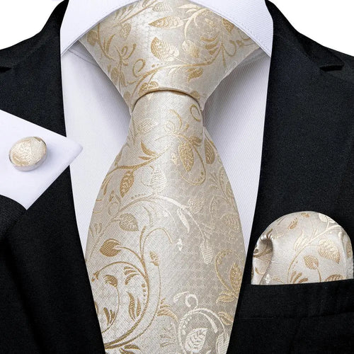 Hi-Tie Champagne Beige Floral Solid Design Silk Wedding Tie For Men