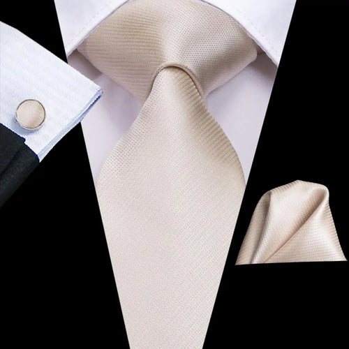 Hi-Tie Champagne Beige Floral Solid Design Silk Wedding Tie For Men