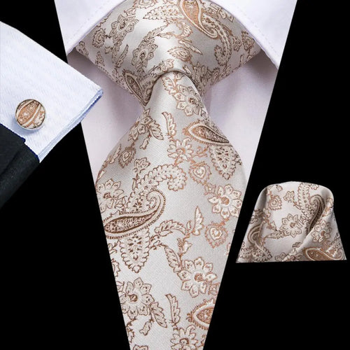 Hi-Tie Champagne Beige Floral Solid Design Silk Wedding Tie For Men