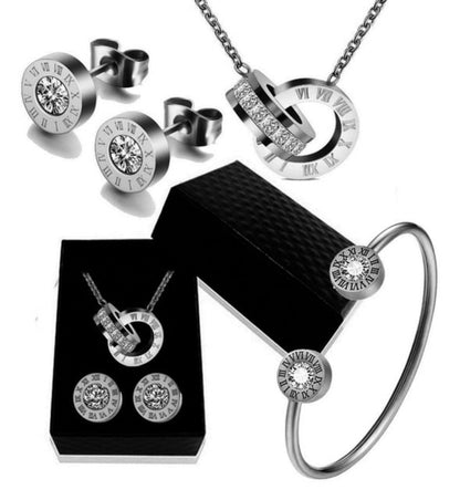 Elegant Roman Numeral Jewelry Set for Women: Necklace, Earrings, and Bracelet for Weddings