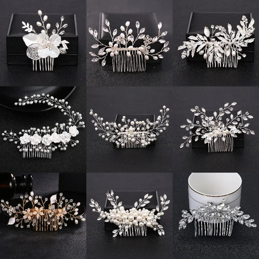 Trendy Tiara Wedding Hair Comb Flower Bridal Hairpins Pearl Rhinestone