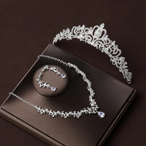 Bridal Four-Piece Headwear Set: Crown, Necklace, and Earrings