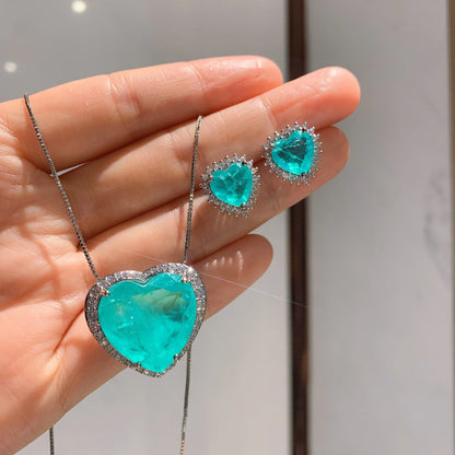 Luxury Paraiba Heart Necklace Earring Brand Set Wedding Dinner Party