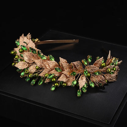 Trendy Pearl Rhinestoen Diamonds Green Bridal Crown Handamde Leaves