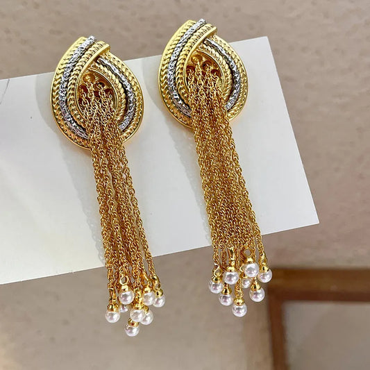 XIALUOKE European American Style Long Tassels Pearl Pendant Earrings