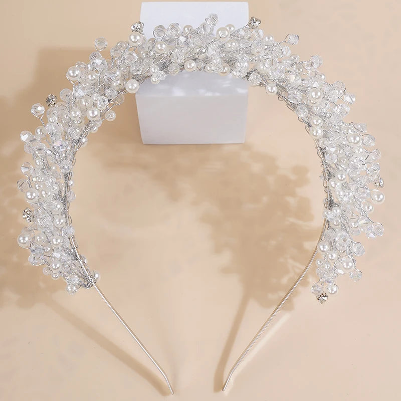 Luxury Pearl Crystal Bridal Crown Headpieces Handmade Party Wedding