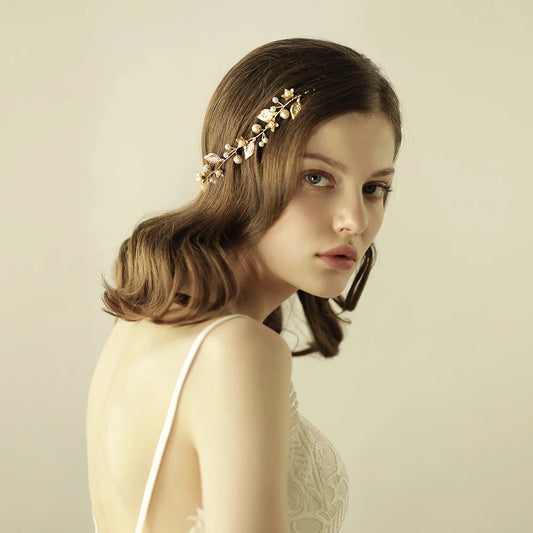 O811 Handmade Delicate Wedding Bridal Headband with Copper Leaves and Pearls