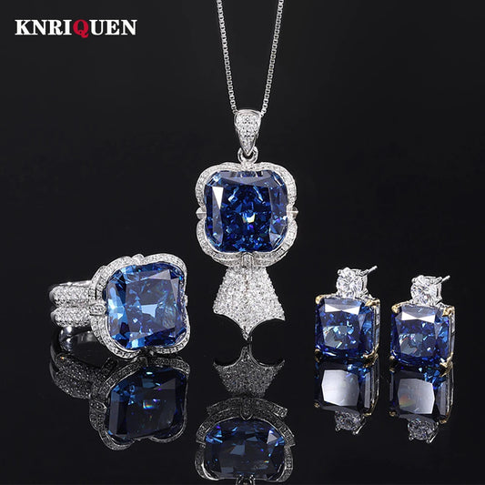 Luxury 100% 925 Solid Silver Sapphire High Carbon Diamond Ring Pendant