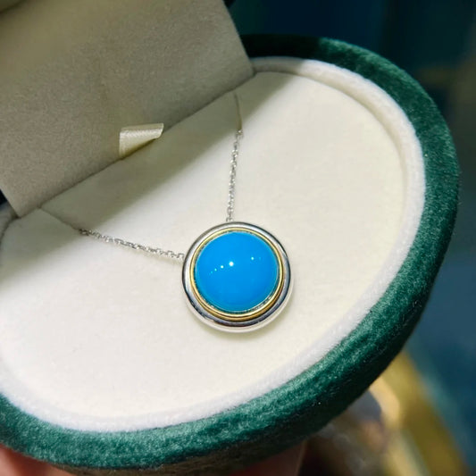 HJY2024 Turquoise Pendant Solid 18K Gold Diamonds 14mm Blue Turquoise