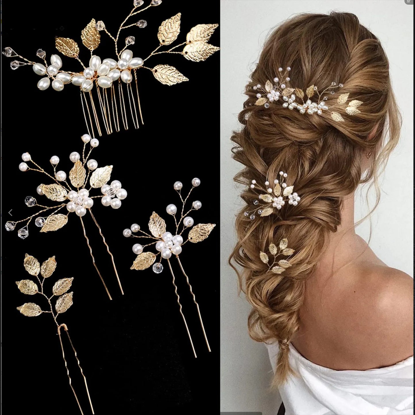 Pearl Flower Hairpin Side Comb Golden Leaf Shaped Alloy Tiaras Wedding