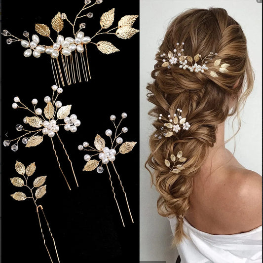 Pearl Flower Hairpin Side Comb Golden Leaf Shaped Alloy Tiaras Wedding