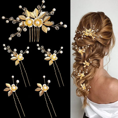 Pearl Flower Hairpin Side Comb Golden Leaf Shaped Alloy Tiaras Wedding