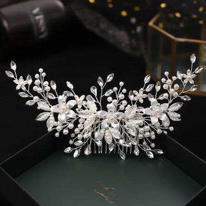 Handmade Silver Color Flower Hair Comb Pearl Rhinestone Flower Hair