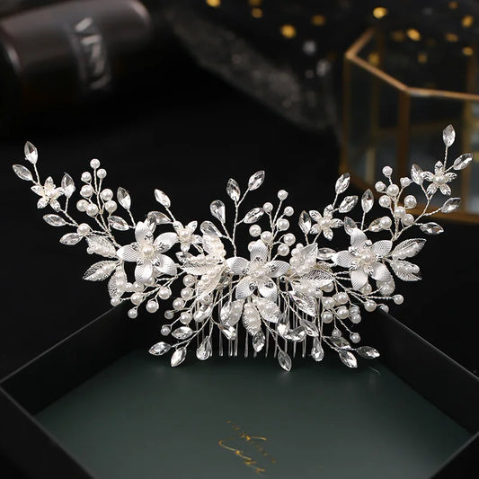 Handmade Silver Color Flower Hair Comb Pearl Rhinestone Flower Hair