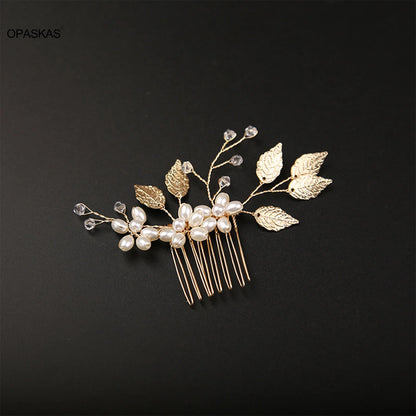 Pearl Flower Hairpin Side Comb Golden Leaf Shaped Alloy Tiaras Wedding