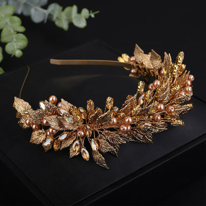 Trendy Pearl Rhinestoen Diamonds Green Bridal Crown Handamde Leaves