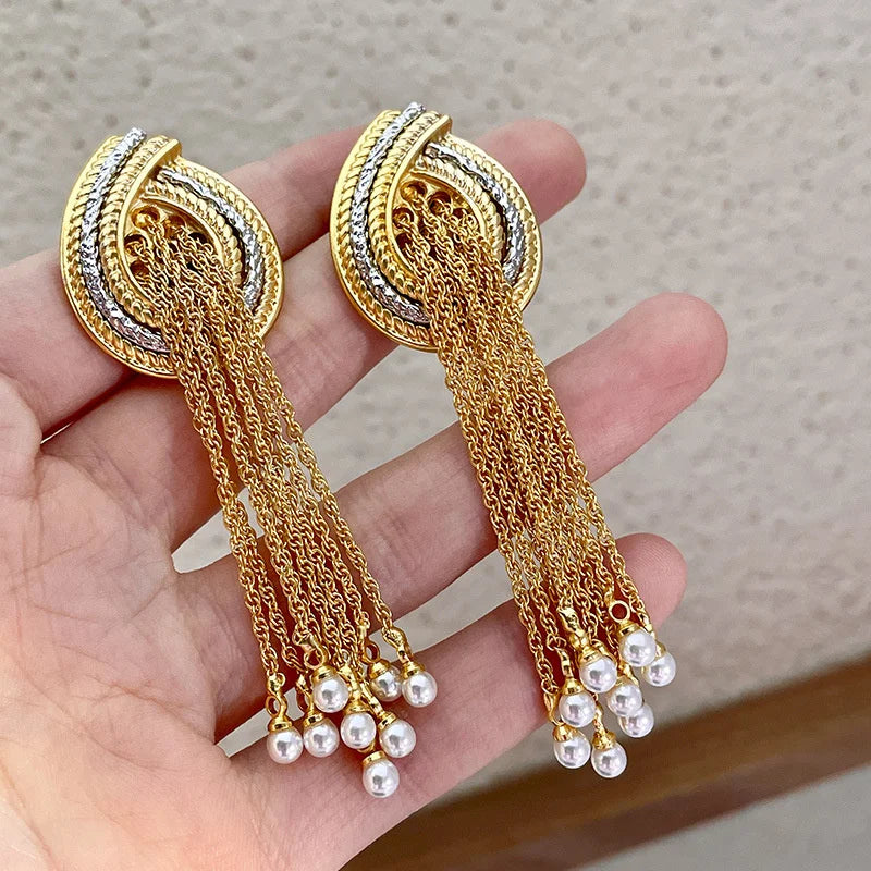 XIALUOKE European American Style Long Tassels Pearl Pendant Earrings