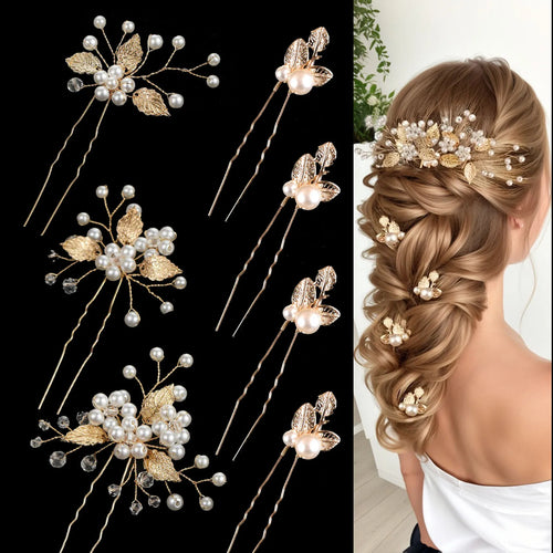 Pearl Flower Hairpin Side Comb Golden Leaf Shaped Alloy Tiaras Wedding