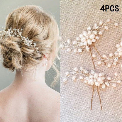 Pearl Flower Hairpin Side Comb Golden Leaf Shaped Alloy Tiaras Wedding