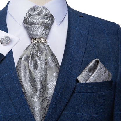 Men Luxury Silver Paisley Silk Ascot Tie Set Wedding Party Cravat