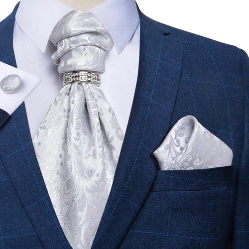 Men Luxury Silver Paisley Silk Ascot Tie Set Wedding Party Cravat