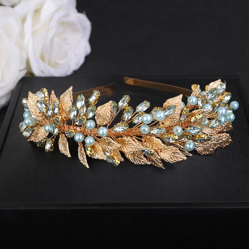 Trendy Pearl Rhinestoen Diamonds Green Bridal Crown Handamde Leaves