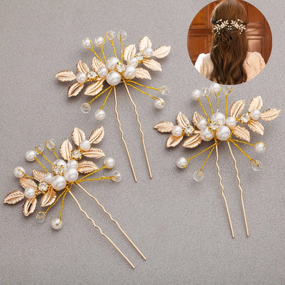 Pearl Flower Hairpin Side Comb Golden Leaf Shaped Alloy Tiaras Wedding