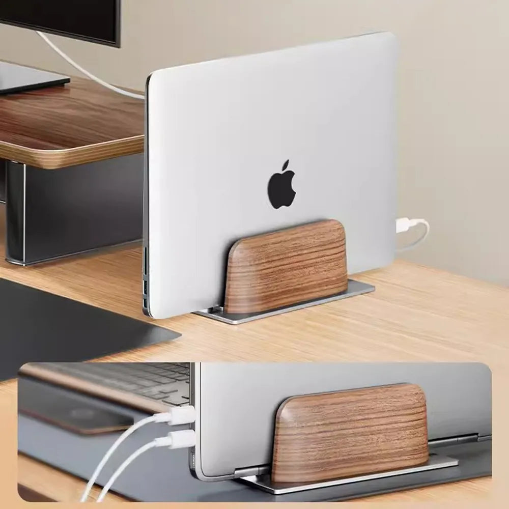 Walnut Wood Vertical Laptop Stand, Adjustable for 10-17 inch MacBooks