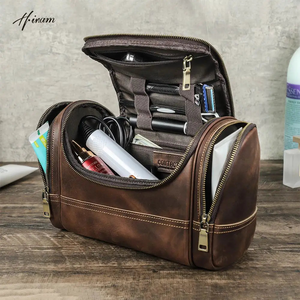 Genuine Leather Travel Toiletry Shaving Bag, Retro Style, Ideal for Men and Women