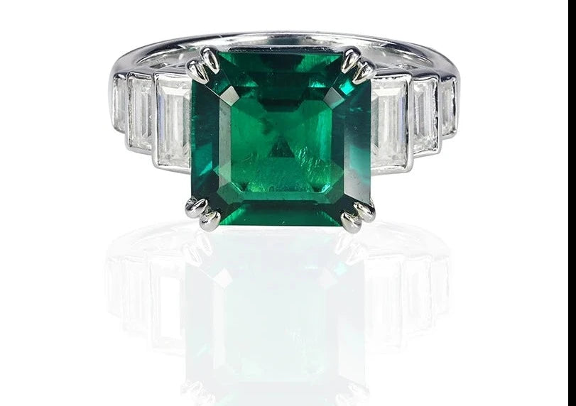 10MM Square Green Emerald Ring in 925 Silver - Created Hydrotherma