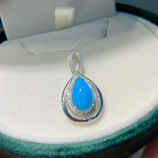 Solid 18K Gold Pendant with Turquoise and Diamonds, 13.2 x 8.2mm, Blue HJY2024