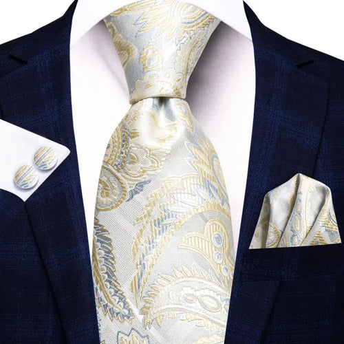 Hi-Tie Champagne Beige Floral Solid Design Silk Wedding Tie For Men